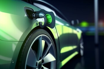 Electric vehicle charging battery from power supply. EV fuel plug-in hybrid car. 3D rendered illustration. Generative AI