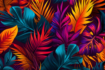 Bright tropical background with jungle plants. Exotic pattern with palm leaves
