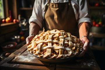 Baker hands holding a freshly baked apple pie.
