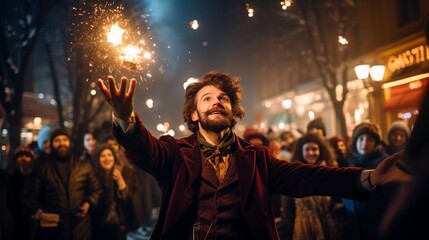 Obraz premium A street magician captivating an crowd with mesmerizing tricks and on New Year's night.