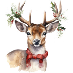 Winter Deer portrait watercolor illustration, reindeer in a red scarf woodland animal isolated with a transparent background, holiday winter design