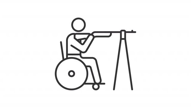 2D black creative thin linear animation of player on wheelchair shooting, HD video with transparent background, seamless loop 4K video representing paralympic games.