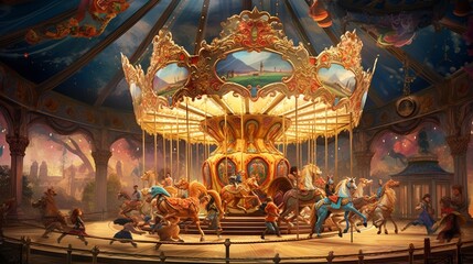 Fototapeta premium A vibrant carousel spinning joyfully, with children riding on intricately designed animal figures.