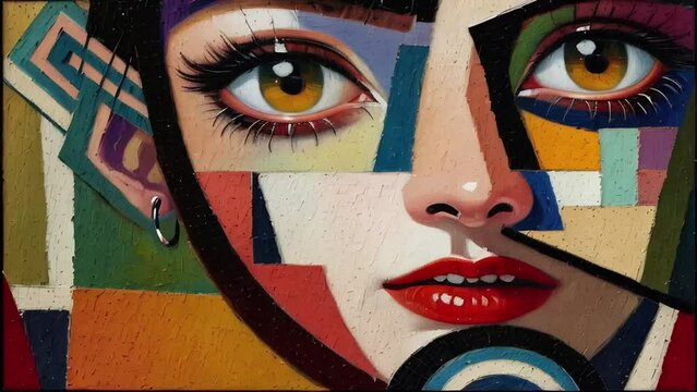 Cubist Woman Face Alive. Generative AI. An animated morphing cubist image of a woman's face partially brought  to life.	