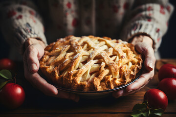 Hands of elderly woman, hold freshly baked apple pie.