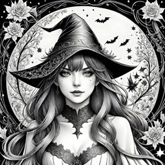 illustration, beautiful witch, sweet, detailed, very fine lines, perfect details, anime drawing style. ai generative