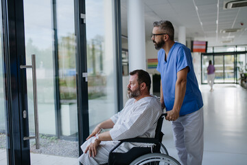 Male nurse pushing a patient in a wheelchair along a hospital corridor. Overweight patient feeling...