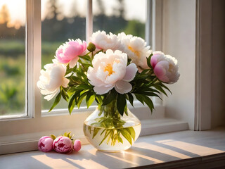 White and pink peonies flowers in a vase on the window with morning light during golden hour. ai generative