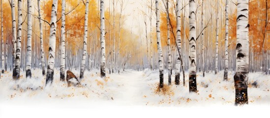 Birch forest in autumn witnessing first snow
