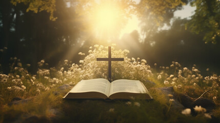 Open book on old wooden table with cross