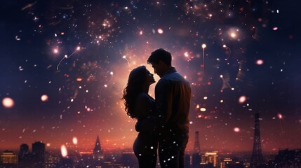 Couples steal kisses beneath the starry sky, ringing in the new year with love.