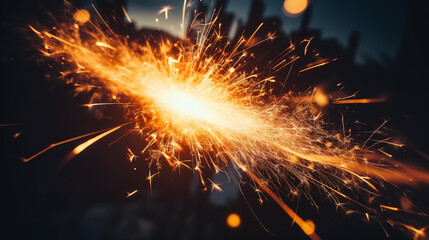 Burning red hot sparks rise from large fire in the night sky. Beautiful abstract background on the theme of fire, light and life. Fiery orange glowing flying away particles over black background in 4k - obrazy, fototapety, plakaty