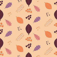Seamless pattern with autumn colorful leaves on a light orange background, hand drawn vector illustration.