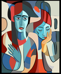 Colorful background, cubism art style,abstracts portraits worried people - 669883475