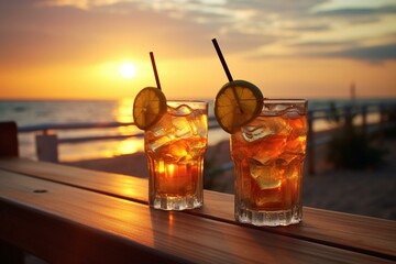 Refreshing cocktails seaside at sunrise. Generative AI