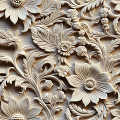 Pattern of flower carved on white wood background, Details of a fine carving art on wooden door.