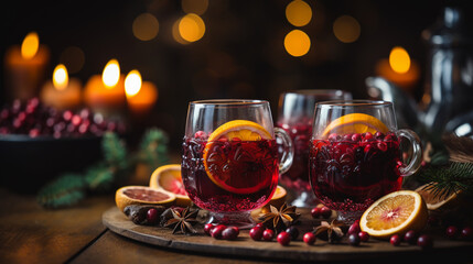 Christmas mulled red wine with spices and fruits on a wooden rustic table. Traditional hot drink at Christmas time - obrazy, fototapety, plakaty