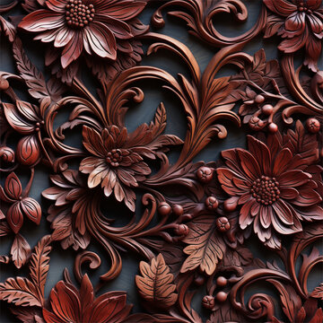 Pattern of flower carved on white wood background, Details of a fine carving art on wooden door.