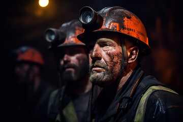 Coal miners wearing protective helmets with lights, work diligently deep within the earth, extracting vital energy resources - obrazy, fototapety, plakaty