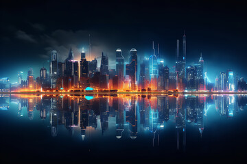 A glowing futuristic city skyline, with innovative buildings and structures, illuminated exclusively by renewable energy technologies
