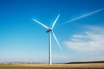 Majestic wind turbine rotates gracefully, capturing wind energy against a backdrop of clear blue skies