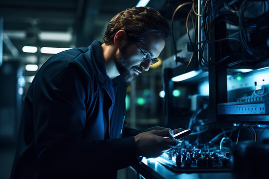 In a state-of-the-art lab, a scientist meticulously examines a battery cell, researching efficient energy storage methods