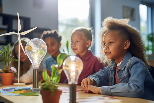 Eager children in a classroom watch a model wind turbine in action, learning about renewable energy solutions