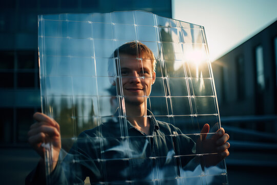 A researcher proudly displays a transparent and flexible solar panel, showcasing advancements in portable energy solutions