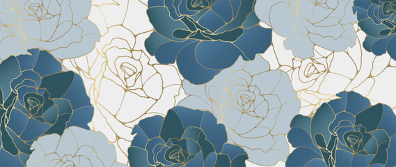 Floral vector background in blue tones with rose flowers. Abstract background with golden outlines for decor, wallpaper, covers, cards