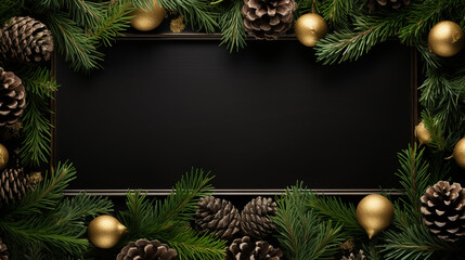 Fototapeta na wymiar Christmas Decoration. Holiday Decorations with baubles, fir branches and present on dark black background. Border design. Top view.