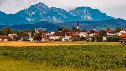 Fototapeta na wymiar Alpine summer view with a church near Freilassing, Berchtesgaden, Bavaria, Germany