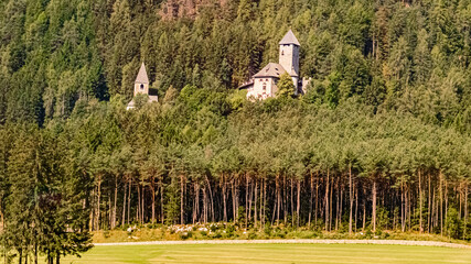 Alpine summer view with an ancient fortress near Gais, Tauferer Tal valley, Bruneck, Brunico, Pustertal, Trentino, Bozen, South Tyrol - obrazy, fototapety, plakaty