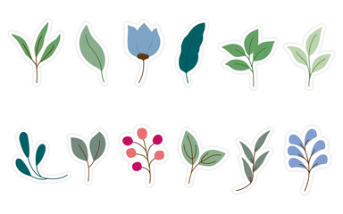 Fototapeta na wymiar Set of flowers, floral and leaf stickers elements isolated on a white background. Spring stickers for scrapbooking, planner, greeting card and more.
