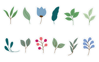 Obraz premium Set of flowers, floral and leaf stickers elements isolated on a white background. Spring stickers for scrapbooking, planner, greeting card and more.