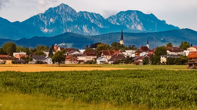 Alpine summer view with a church near Freilassing, Berchtesgaden, Bavaria, Germany