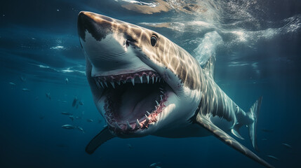 Ocean shark bottom view from below. Open toothy dangerous mouth with many teeth. Underwater blue...