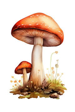 Mushroom watercolor clipart cute isolated on white background