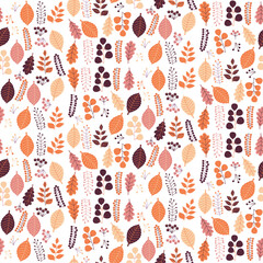 Seamless pattern with autumn colorful leaves on a white background, hand drawn vector illustration.