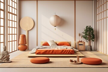 A Japandi bedroom in white and orange tones, featuring a double bed, tatami mats, armchairs, and a meditation zen space with minimalist interior design. Generative AI