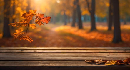 Naklejka na ściany i meble an empty wooden oak table and behind a beautiful autumn background,generated with ai 