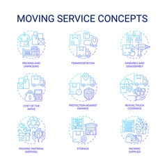 2D thin line gradient icons set representing moving service, isolated simple vector, illustration.