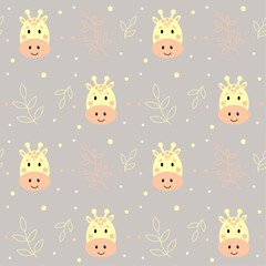 Children's patern with cute yellow giraffes and plant patterns on a gray background, hand drawn vector illustration.