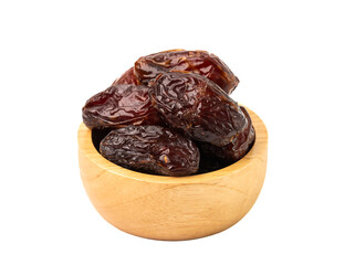 Heap of dried dates in wooden bowl isolated on transparent background