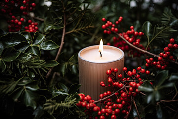 Close up of a candle in a spruce tree