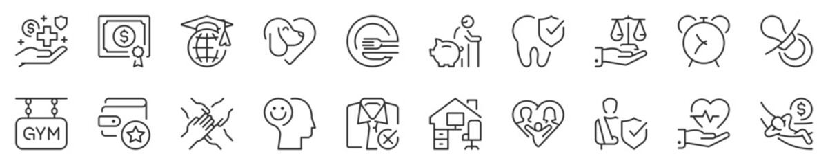 Employee benefits. Thin line icon set. Symbol collection in transparent background. Editable vector stroke. 512x512 Pixel Perfect.