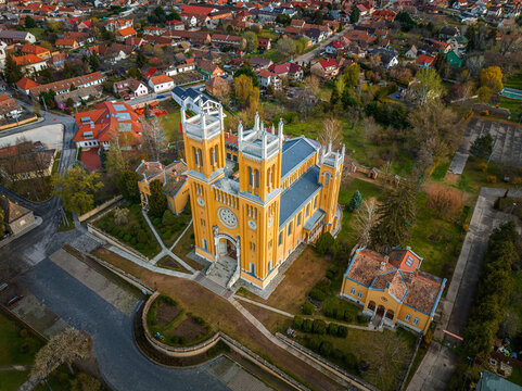 Fot, Hungary - Aerial view of the Roman Catholic Church of the Immaculate Conception (Szeplotlen Fogantatas templom) in the town of Fot on a sunny spring day