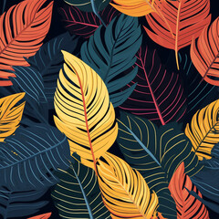 Fototapeta na wymiar Tropical leaves seamless pattern on black background. Vector illustration.