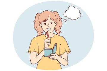 Smiling girl take notes in notebook make plans or dreams. Happy child handwrite in notepad brainstorming or daydreaming. Vector illustration.