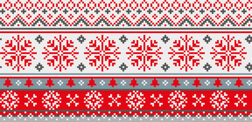 Winter Christmas sweater long knitted pattern, Sami people folk art design, traditional knitting and embroidery. vector illustration background. - obrazy, fototapety, plakaty