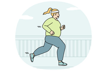Chubby woman running at street to be fit. Fat girl makes cardio workout outdoor to burn calories. Plump lady jogging in city, taking part in marathon. Weight loss. Vector linear colored illustration.